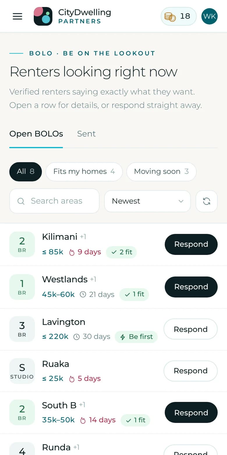 The partner feed on a phone: renter requests with area, budget, move-in date and a Respond button