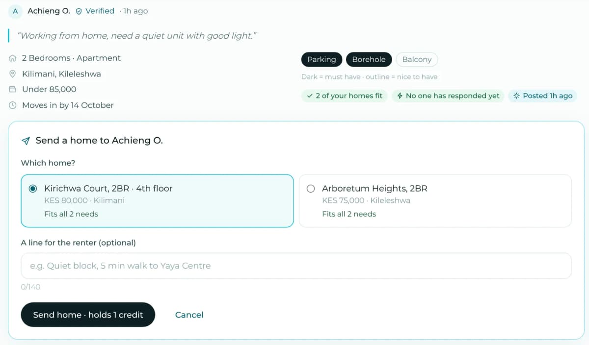 Responding to a renter request: two homes that fit are shown, one selected, with a field for a short note to the renter