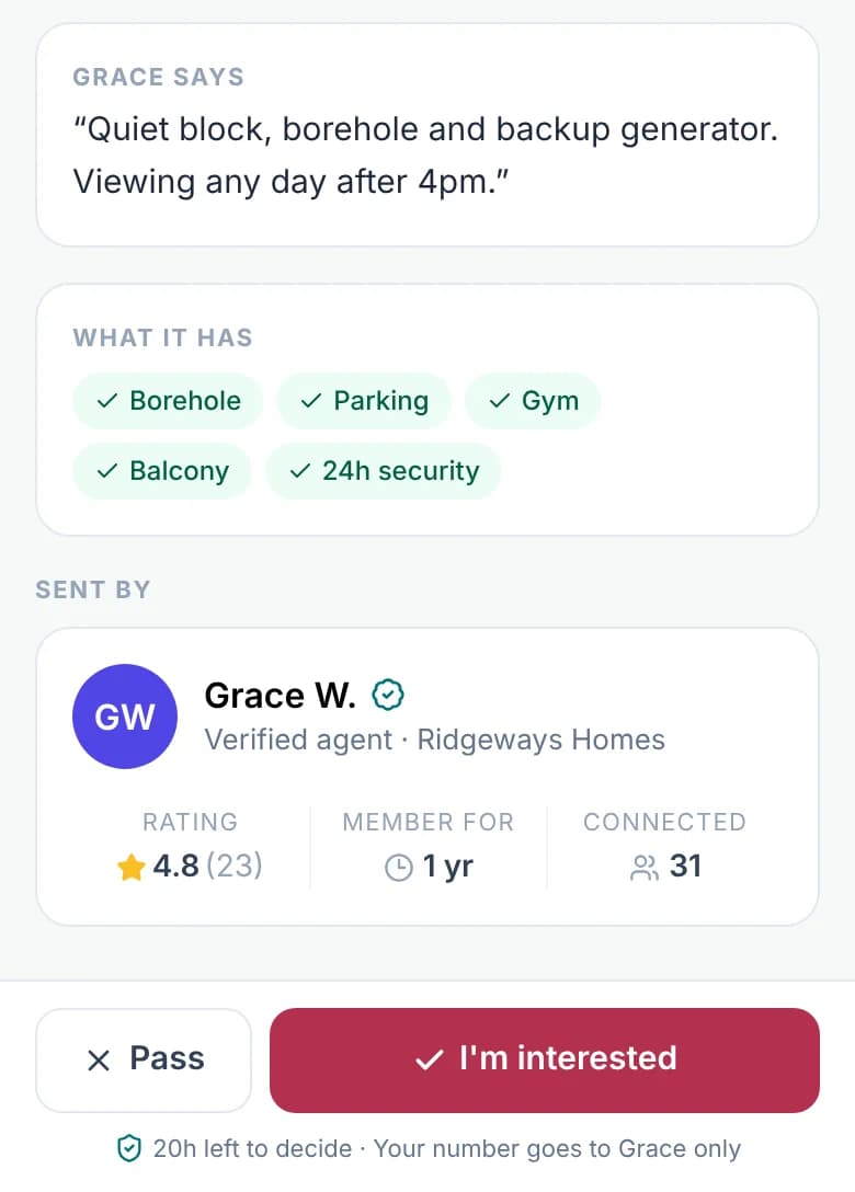 A BOLO proposal on a phone: the partner’s note, the home’s features, a verified ‘Sent by’ card with rating, and Pass and Engage buttons