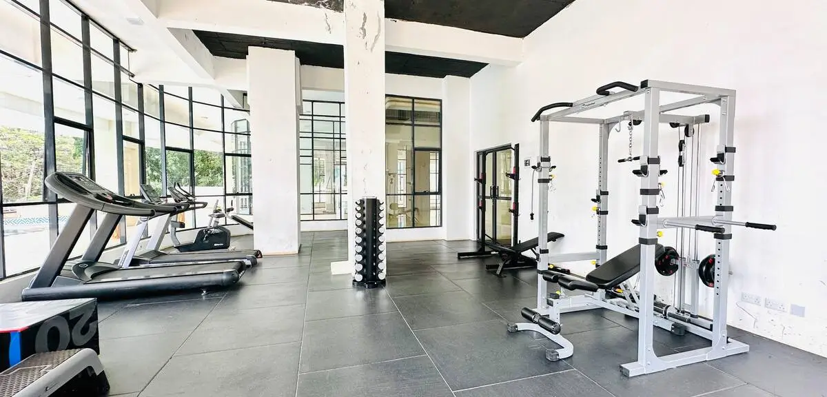 Modern gym with treadmill, weight rack, and exercise machines