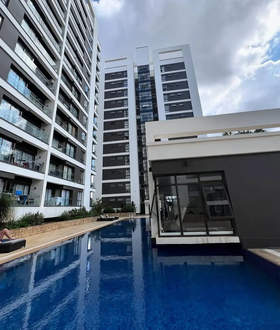 Resort-style swimming pool with modern residential towers