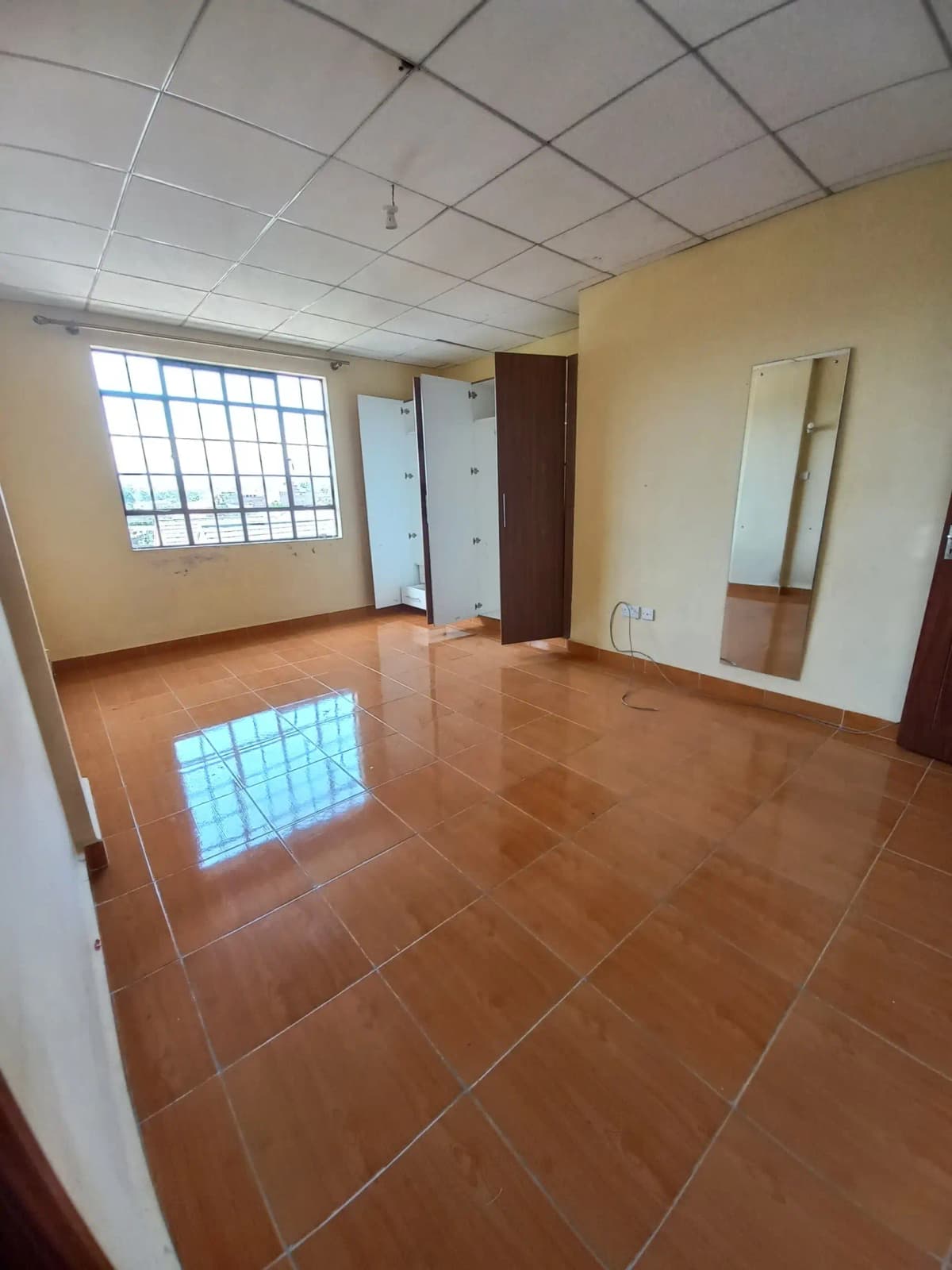 Spacious empty living room with terracotta tiles and natural light
