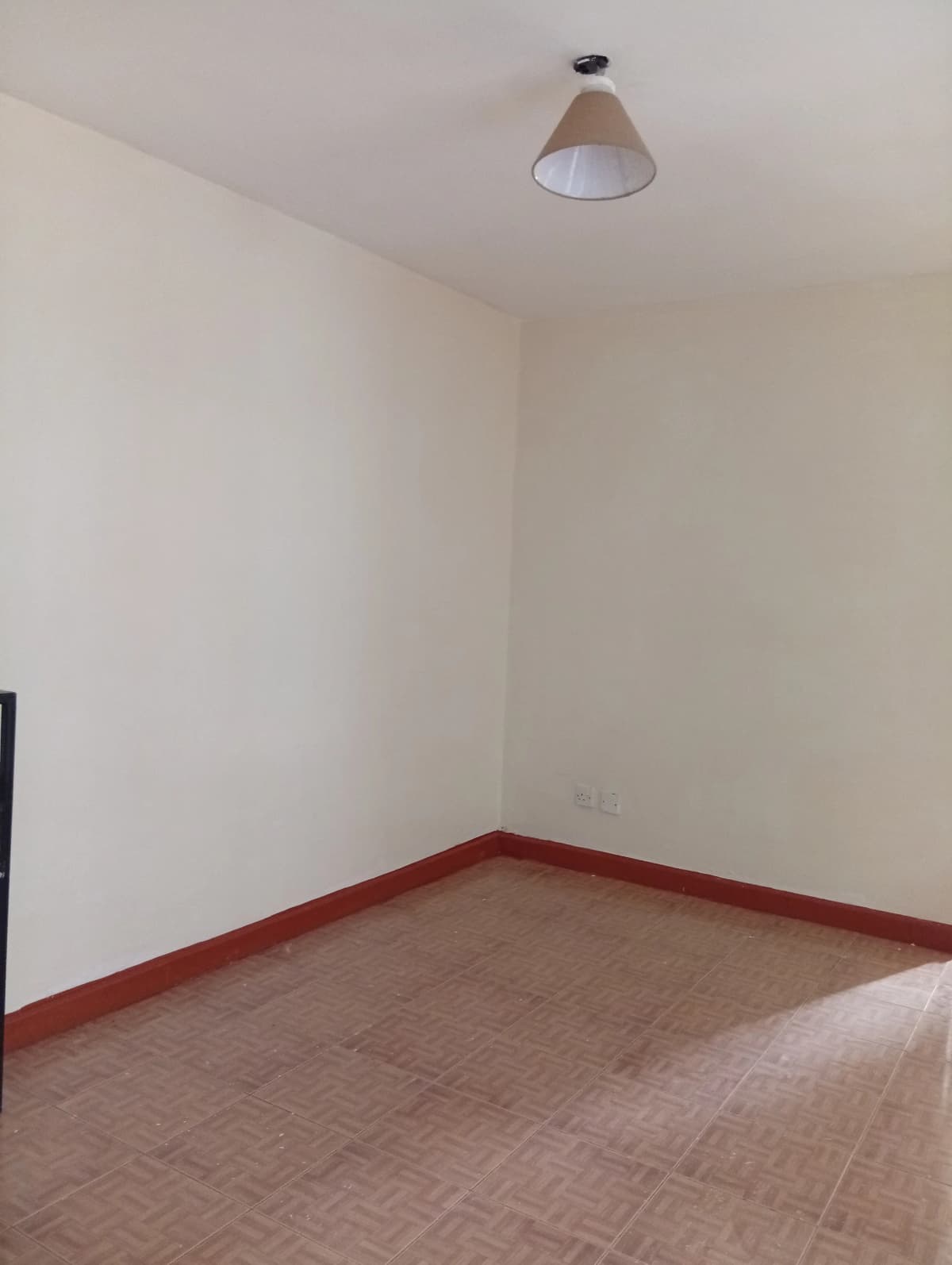 Empty bedroom with red floor trim and ceiling light