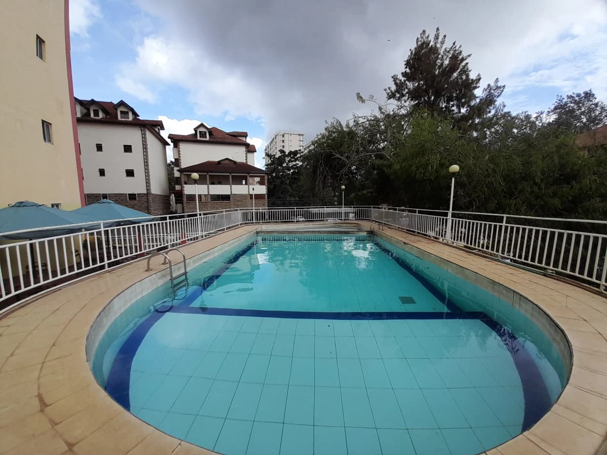 Rooftop swimming pool with white railing and city views