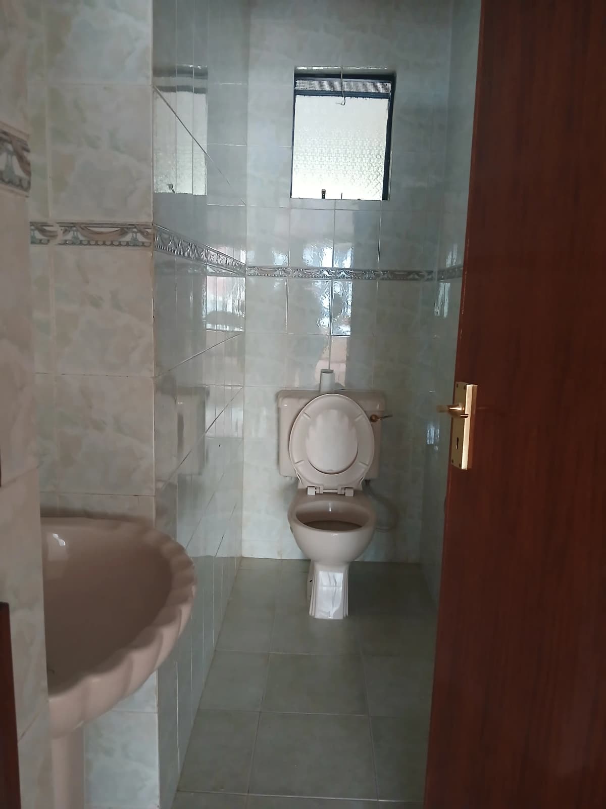 Modern bathroom with toilet, glass shower enclosure, natural light