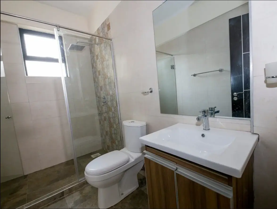 Modern bathroom with walk-in shower, white sink, and toilet