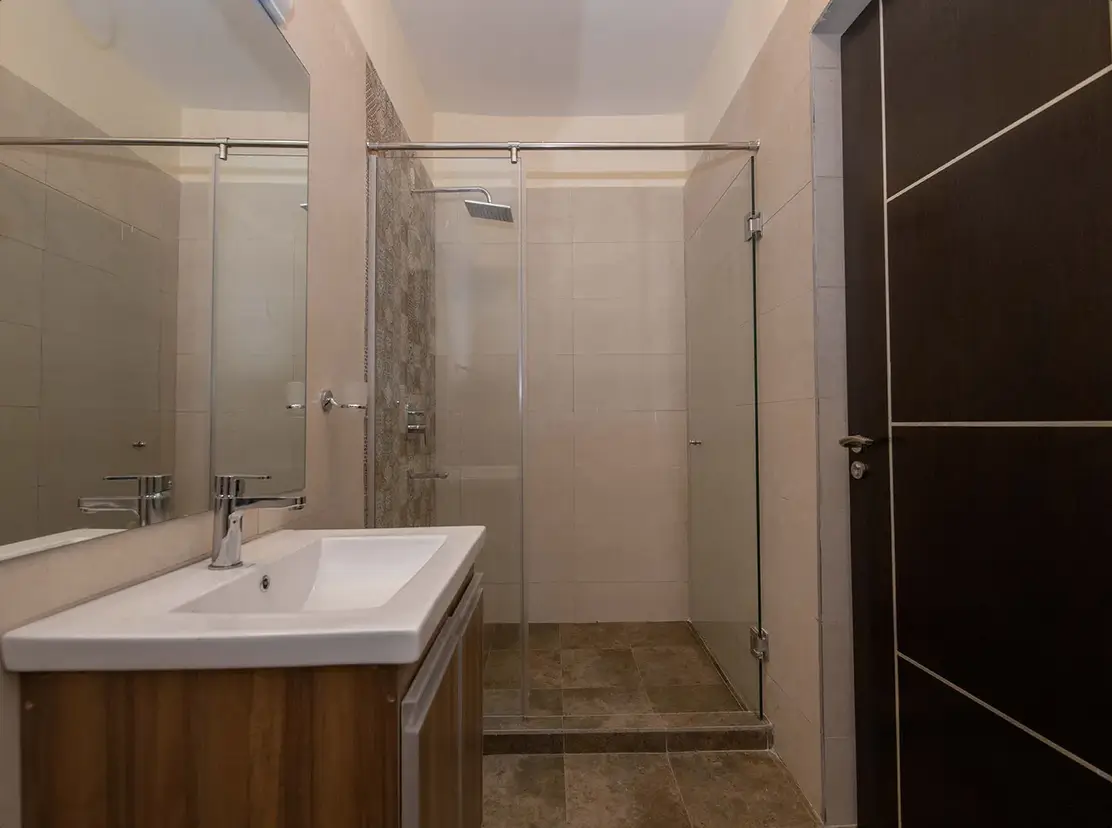 Modern bathroom with walk-in shower and vanity sink