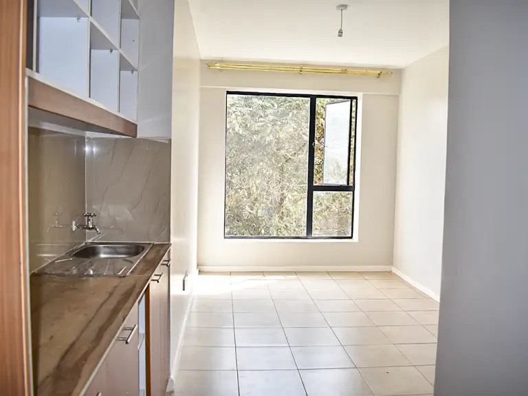 Compact kitchen with stainless steel sink and open living area beyond