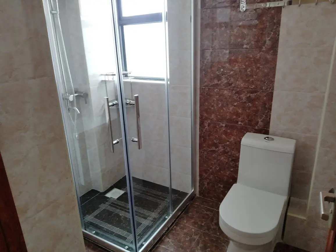 Modern bathroom with glass shower enclosure and white toilet
