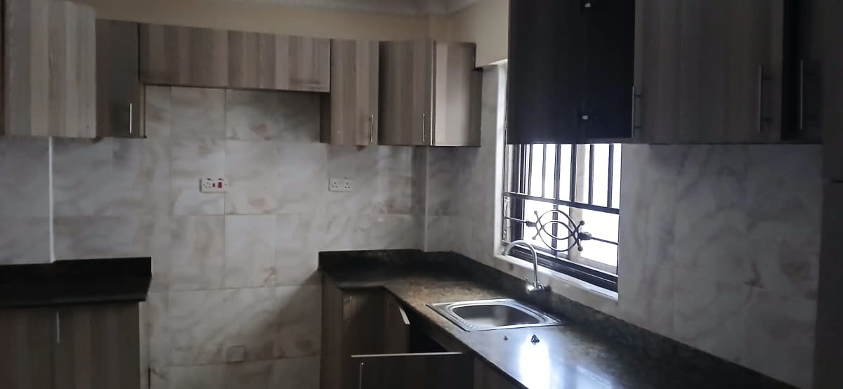 Compact kitchen with grey cabinetry and concrete countertops
