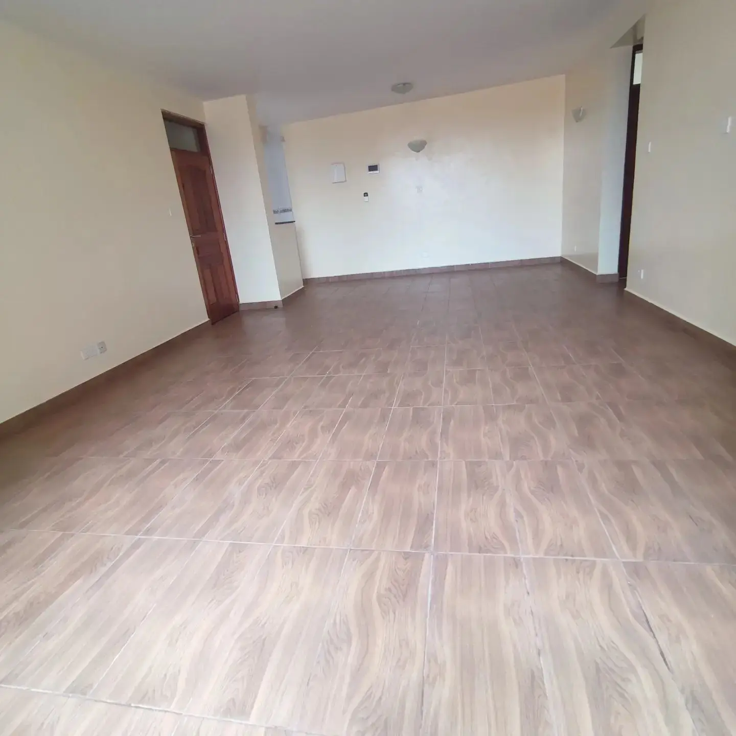 Spacious empty living room with wood-effect flooring