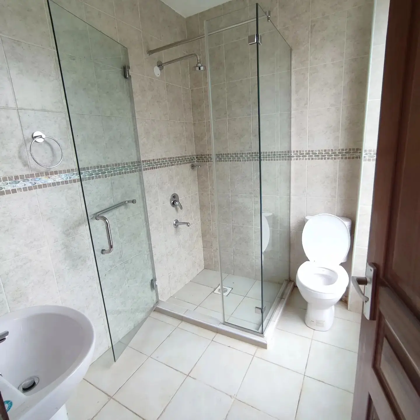 Modern bathroom with walk-in shower, toilet, and sink fixtures