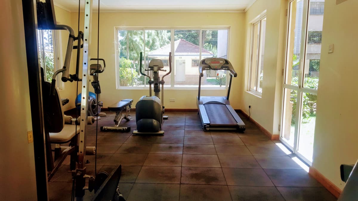 Home gym with treadmill, exercise bike, and weight equipment