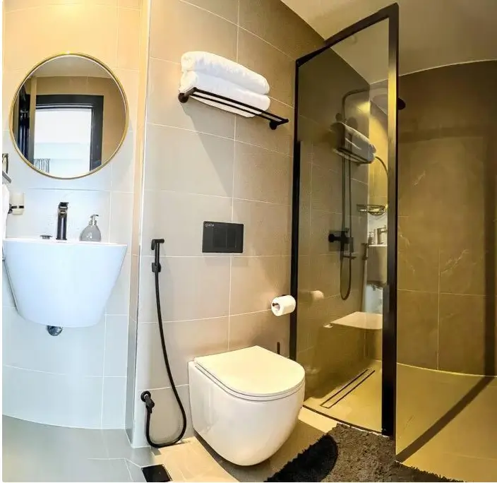 Modern bathroom with walk-in shower, wall-mount sink, toilet