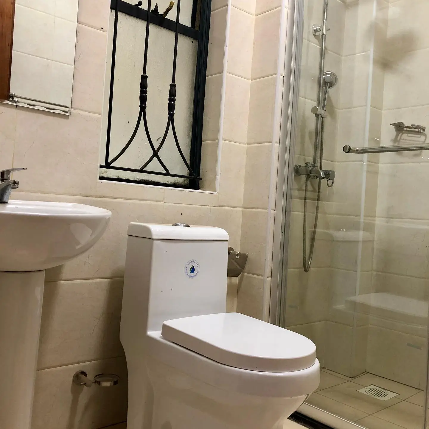 Modern bathroom with toilet, sink, and walk-in shower enclosure