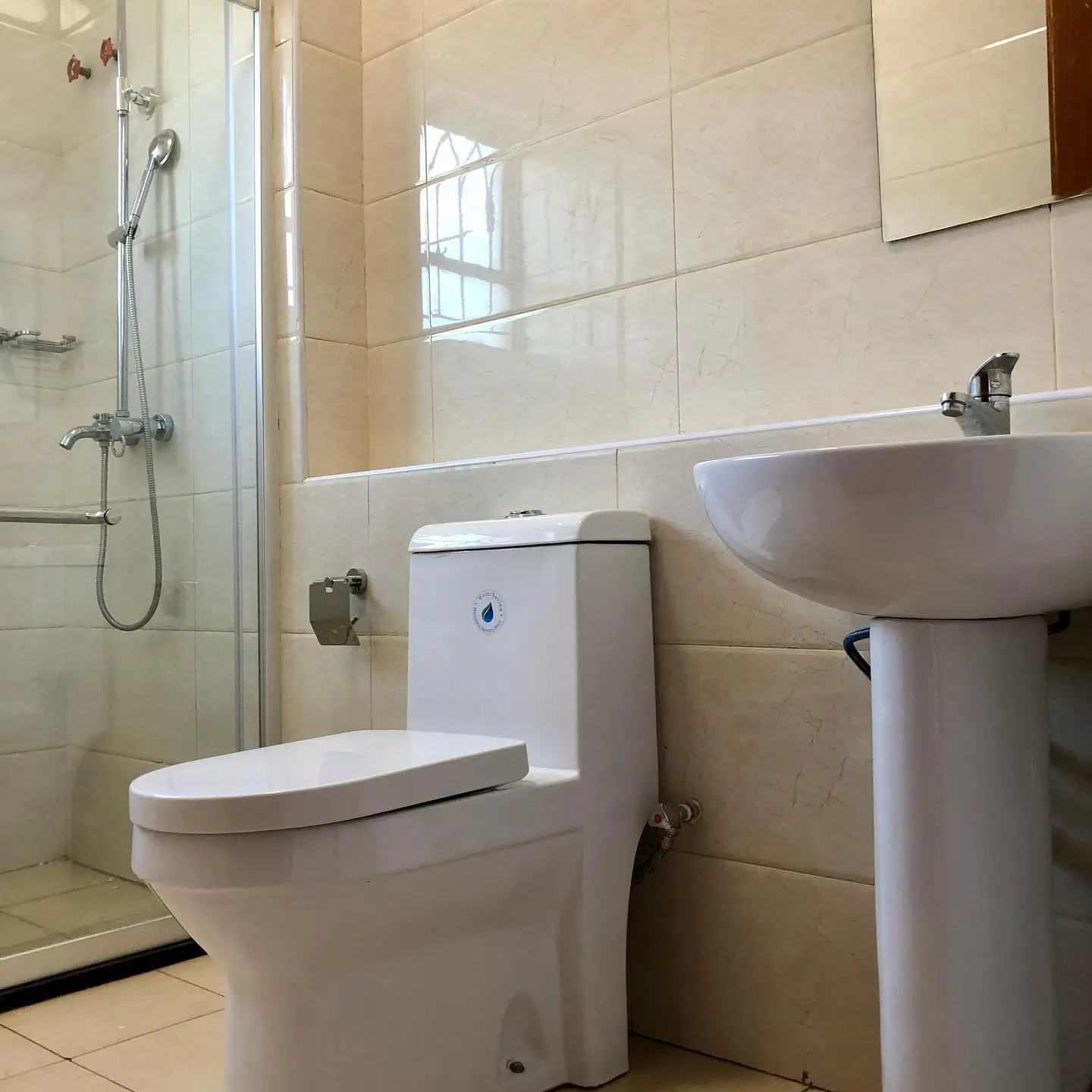Modern bathroom with walk-in shower, toilet, pedestal sink