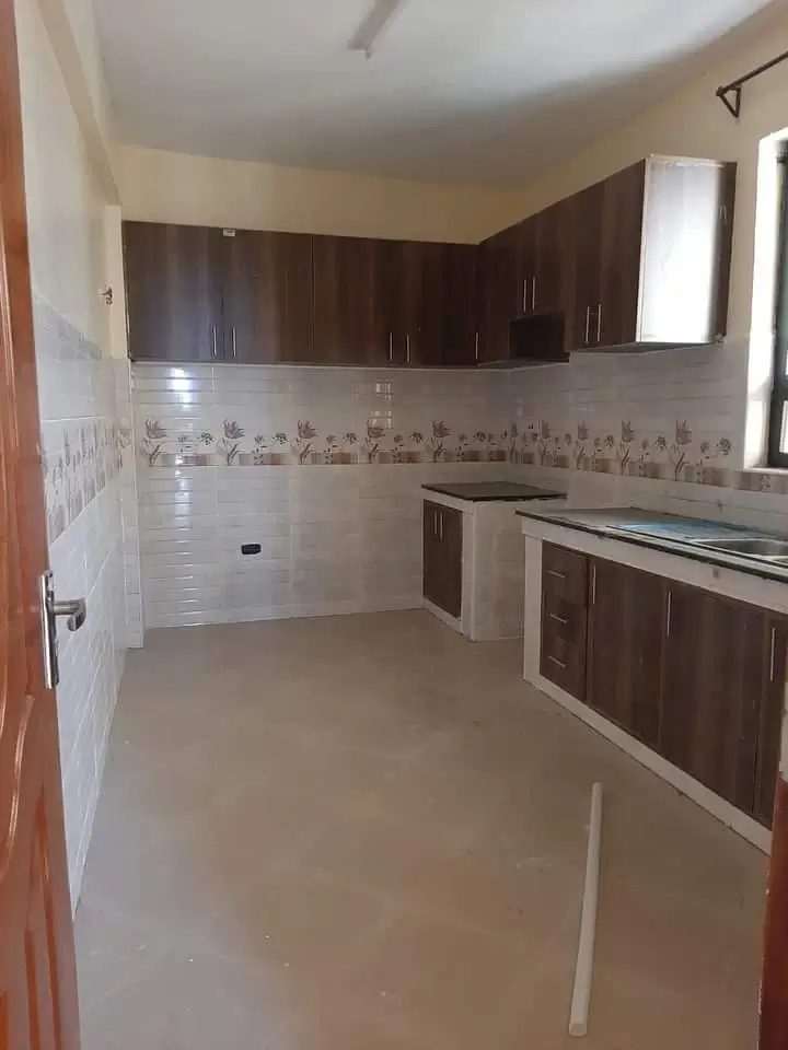 Modern kitchen with dark cabinetry and decorative tile backsplash