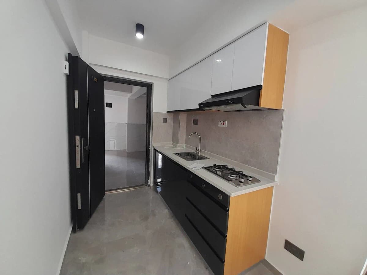 Modern galley kitchen with black cabinetry and wood accents