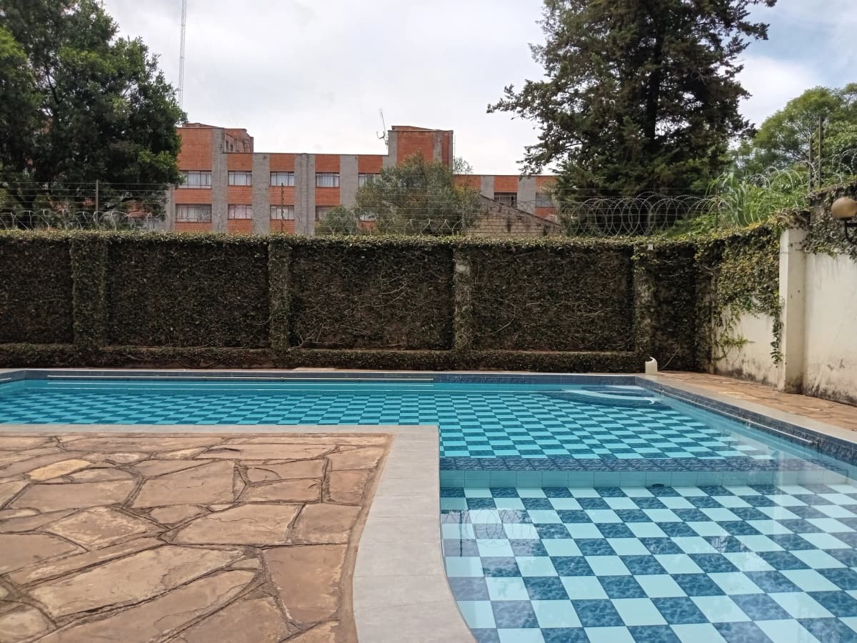 Residential swimming pool with checkered tile deck and hedged enclosure