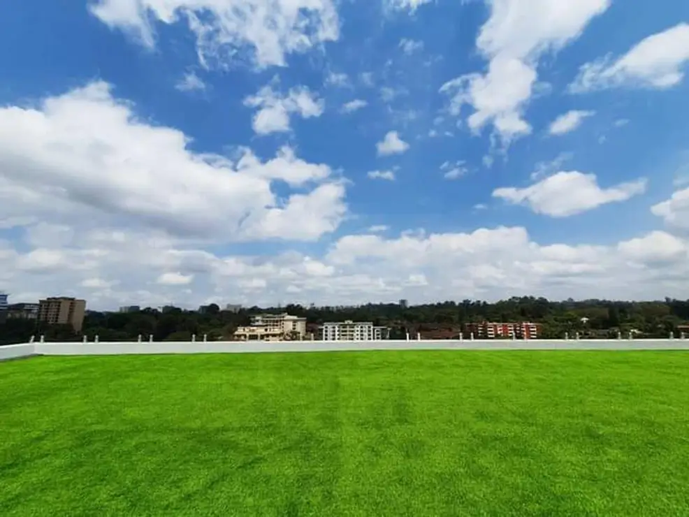 Large open green lawn with residential buildings in background