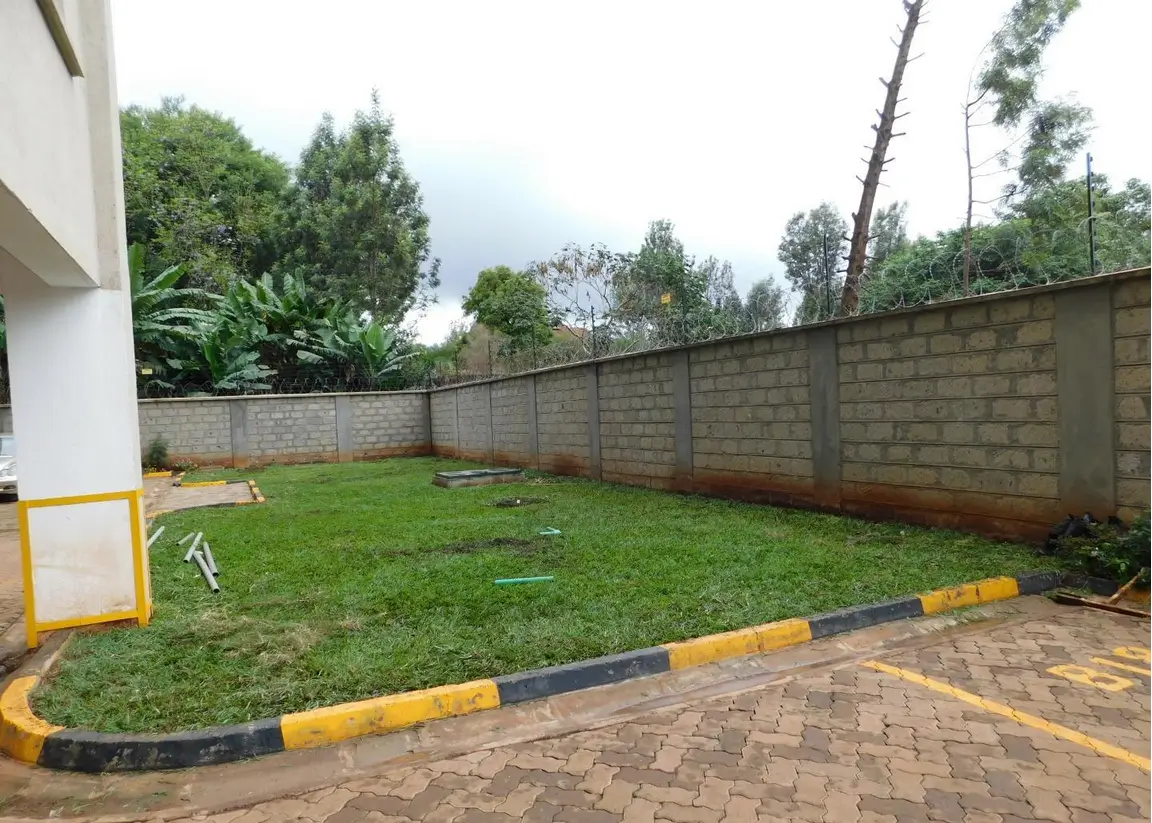 Spacious compound lawn with brick boundary wall and paved area