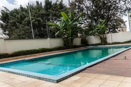 Olympic-length swimming pool with wooden deck and landscaping