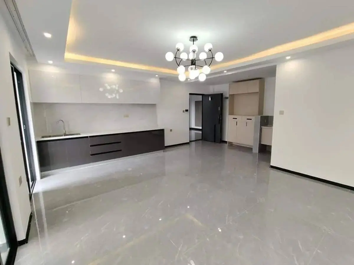 Open-plan living space with integrated kitchen counter and modern ceiling