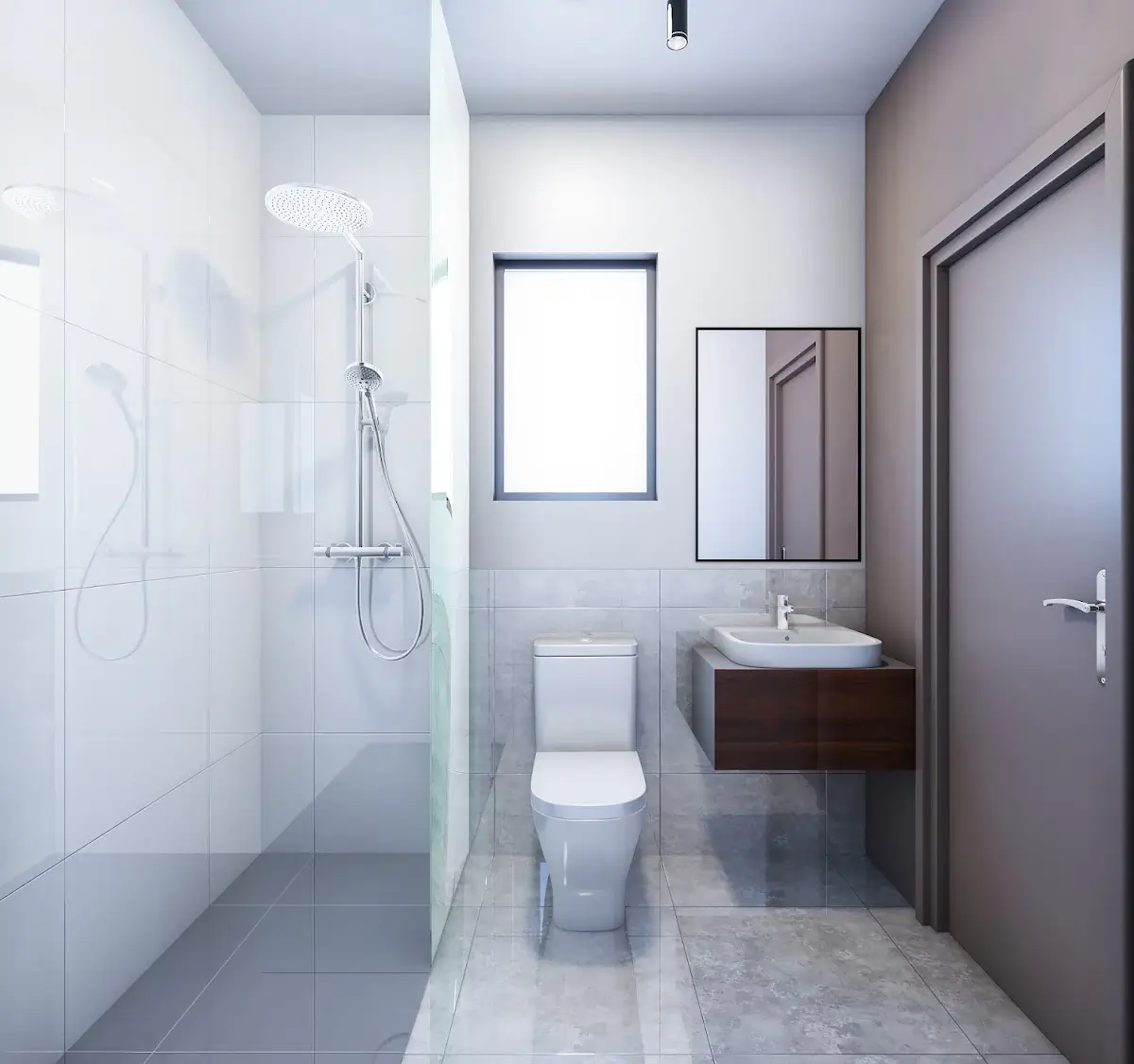 Modern bathroom with walk-in shower, toilet, and vanity sink