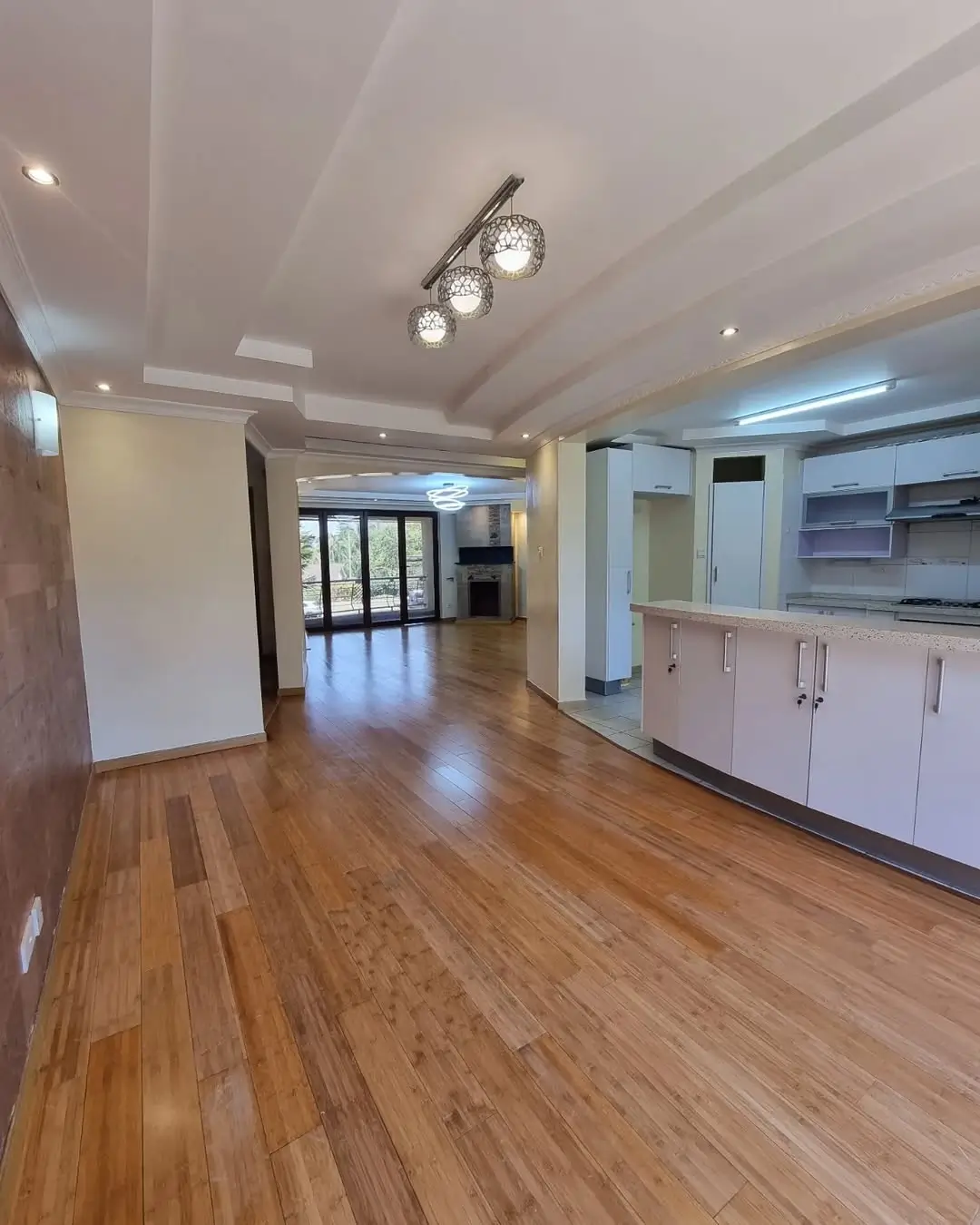 Open-plan living area with wooden floors and modern kitchen