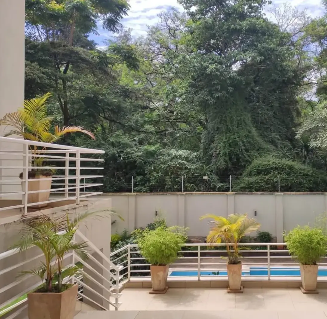 Spacious balcony with potted plants overlooking lush greenery
