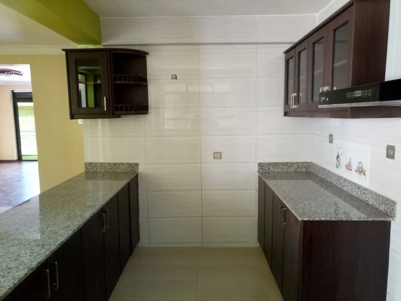 Modern galley kitchen with granite countertops and dark cabinetry