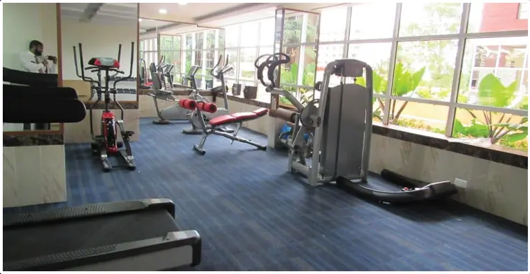 Bright gym with cardio equipment and large windows overlooking greenery