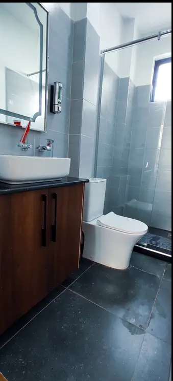 Modern bathroom with wooden vanity, toilet, and walk-in shower