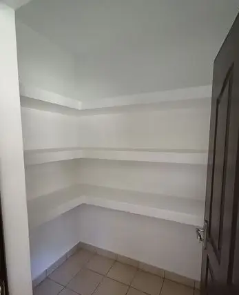 Empty walk-in pantry with built-in shelving and tiled flooring