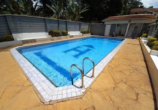 Olympic-sized swimming pool with deck and metal ladder
