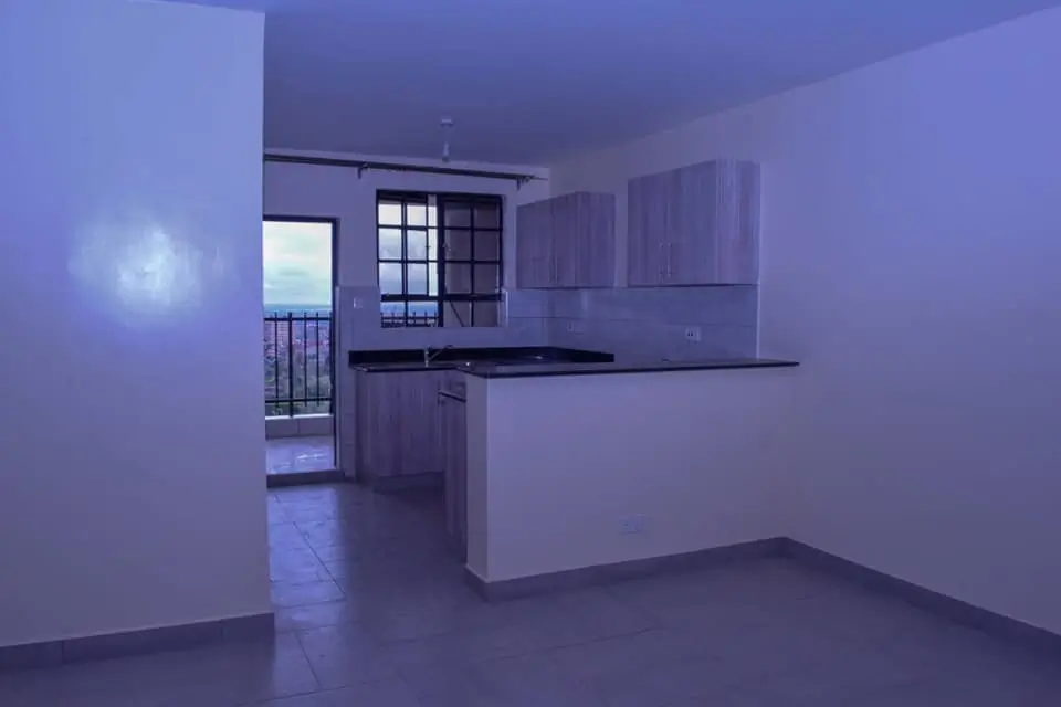 Open-plan kitchen with island counter and balcony access
