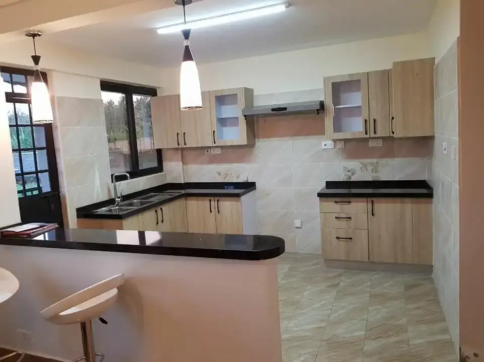 Modern L-shaped kitchen with black granite countertops and pendant lighting