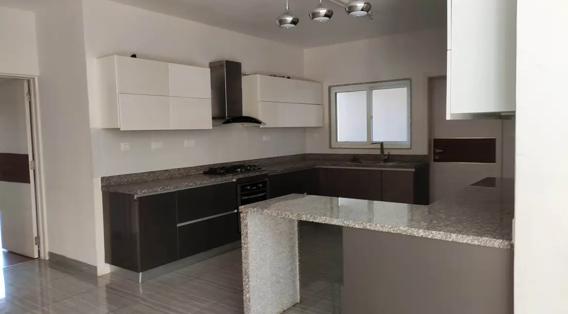 Modern L-shaped kitchen with island counter and white cabinetry