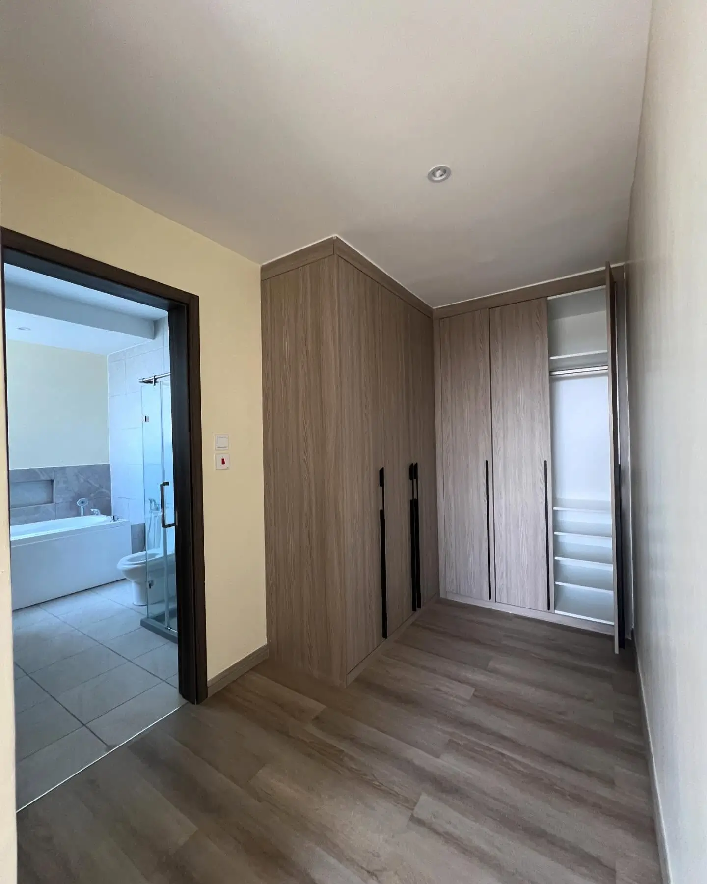 Modern corridor with wood-grain wardrobe and bathroom access
