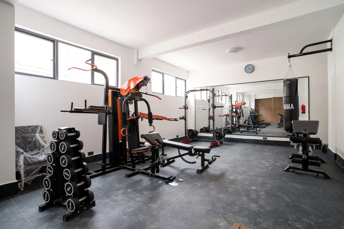 Well-equipped gym with cardio machines and free weights