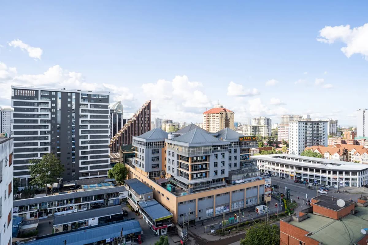Urban cityscape with mixed-use buildings and skyline