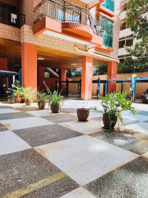 Building entrance lobby with patterned floor and potted plants