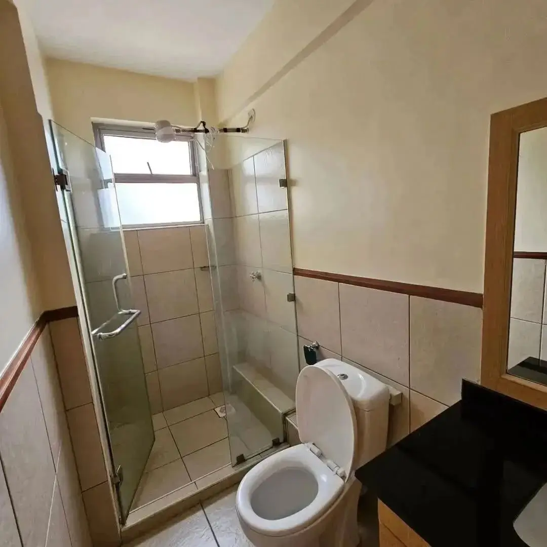 Modern bathroom with walk-in shower and white toilet