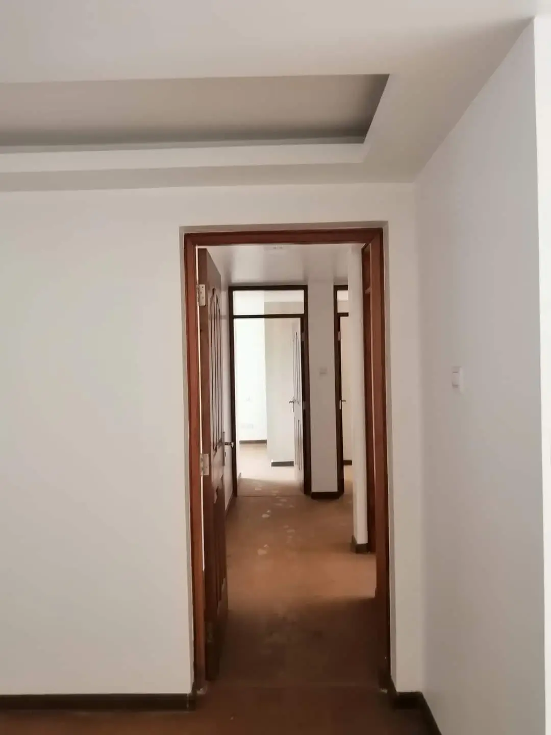 Bright corridor with wooden doorframe leading to adjacent rooms