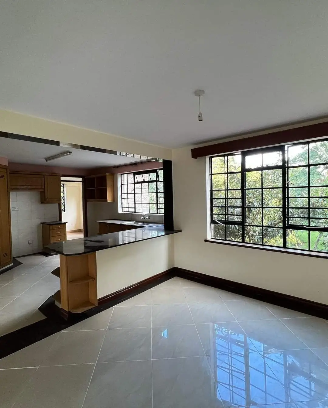 Open-plan living area with kitchen counter and large windows