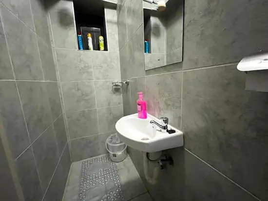 Modern bathroom with gray tile walls and white sink