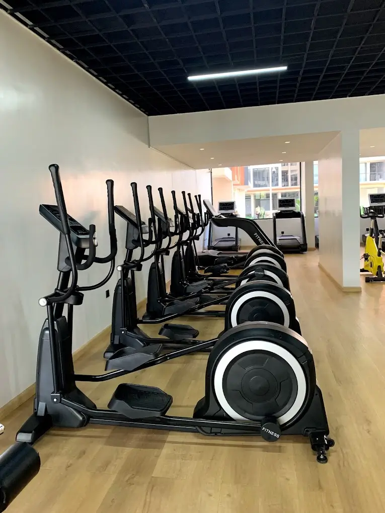 Modern gym with row of elliptical machines and equipment