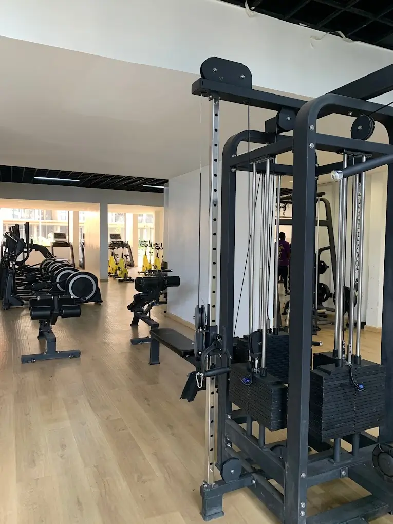 Modern gym with cable machine and dumbbells, polished wood floor