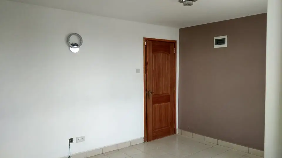 Empty bedroom with brown accent wall and wooden door