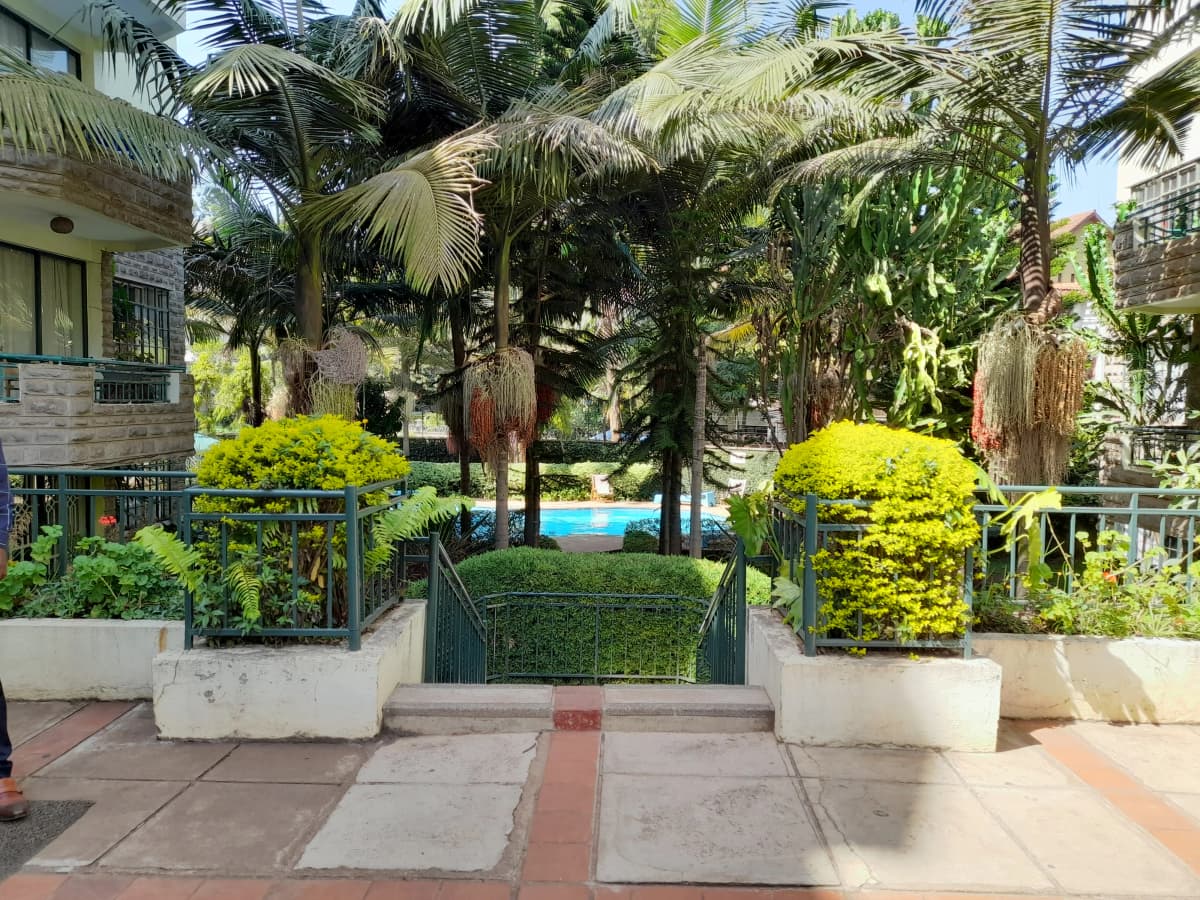 Lush tropical garden with palm trees and manicured hedges